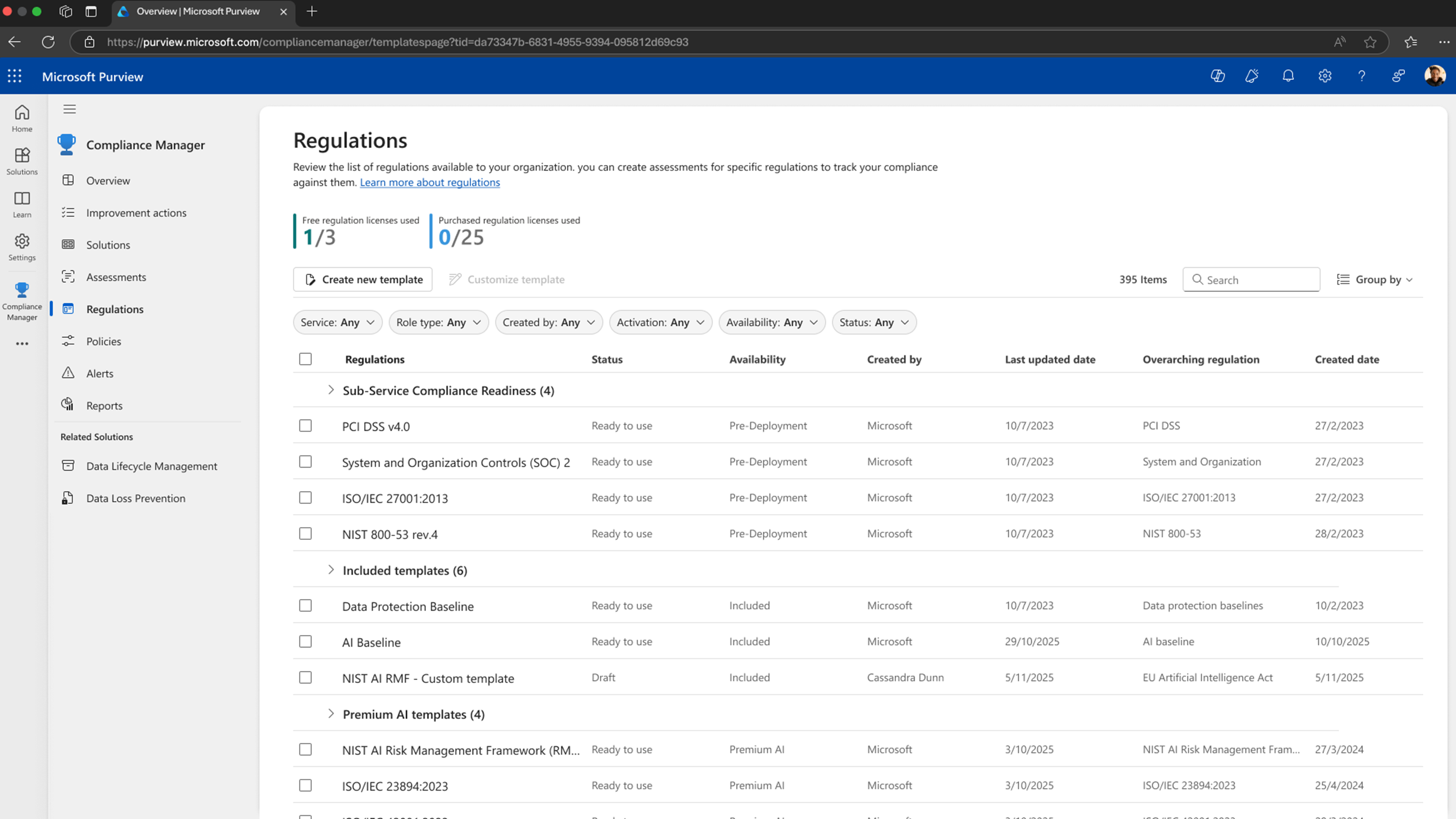 Microsoft Purview Compliance Manager showing AI-powered regulatory templates